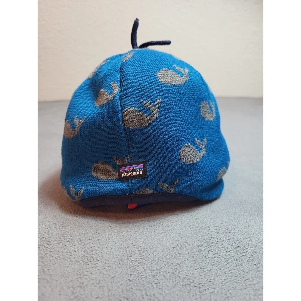 Patagonia Toddler Beanie Hat Blue Knit Whale Pattern Baby 5T Kids Fleece Lined
